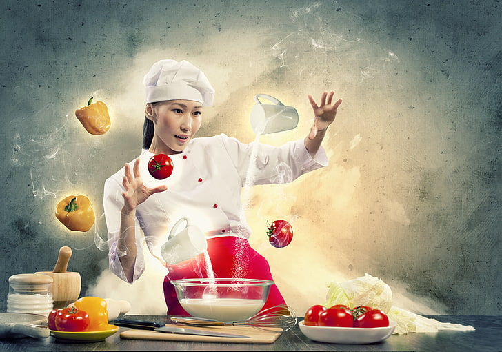 women's red apron, girl, creative, milk, cook, vegetables, tomatoes, flour, pepper, cooking, HD wallpaper