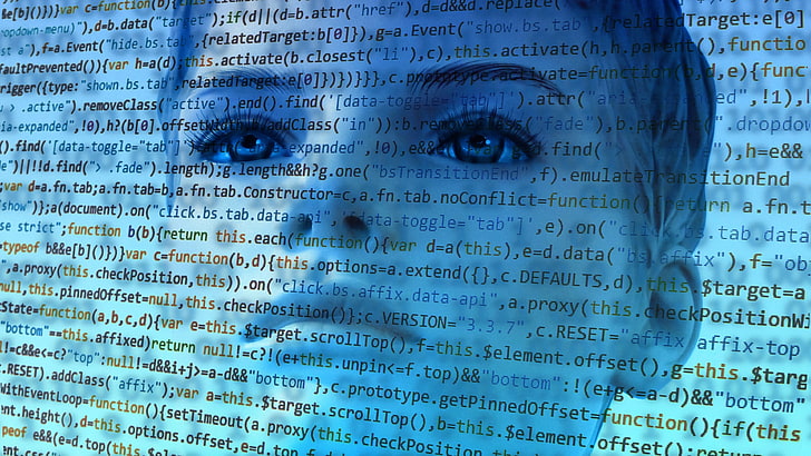 code, blue, face, text, eyes, artificial intelligence, ai, android, human, technologie, machine learning, intelligence, HD wallpaper