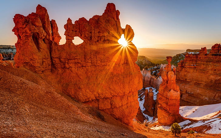 Red rocks mountains, sun rays, Bryce Canyon National Park, USA, Red, Rocks, Mountains, Sun, Rays, Bryce, Canyon, National, Park, USA, HD wallpaper