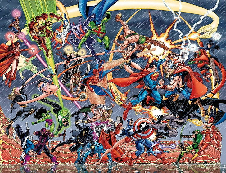 Quadrinhos, DC vs. Marvel, Batman, Capitão América, Homem de Ferro, Feiticeira Escarlate, Superman, Thor, HD papel de parede
