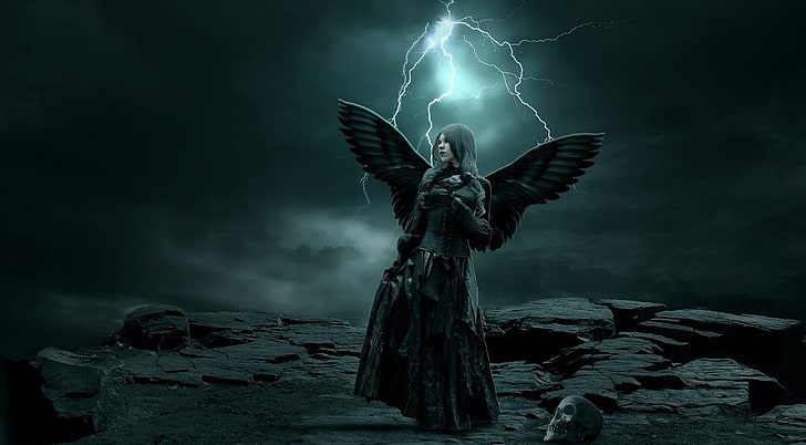 female angel digital wallpaper, girl, wings, dark, lightning, skull, rock, HD wallpaper