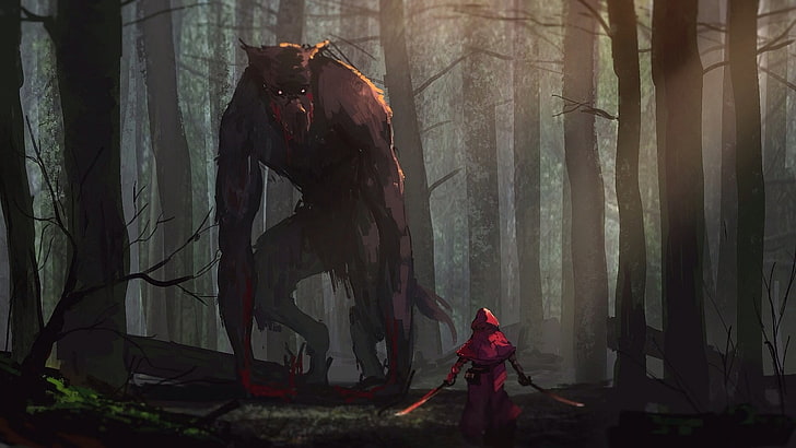 волк и самурай под деревьями обои, оборотни, меч, Красная Шапочка, дерево, капюшоны, деревья, оружие, HD обои