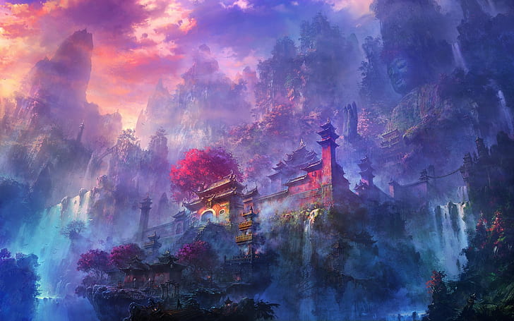 asiatiskt tempel, landskap, buda, vattenfall, berg, himmel, moln, dimma, konstverk, fantasi, HD tapet