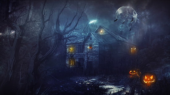 illustration de la maison hantée, forêt, arbres, maison, la lune, citrouille, Halloween, chauves-souris, Fond d'écran HD HD wallpaper