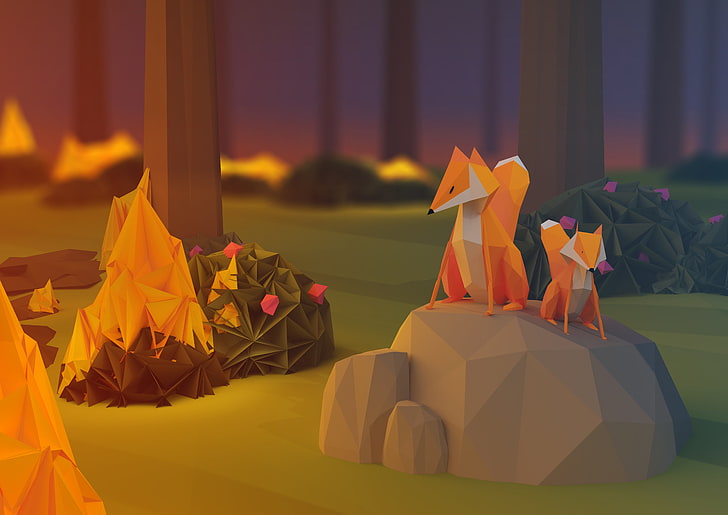 origami de raposa, raposa, pedra, fogo, papel, figuras, HD papel de parede
