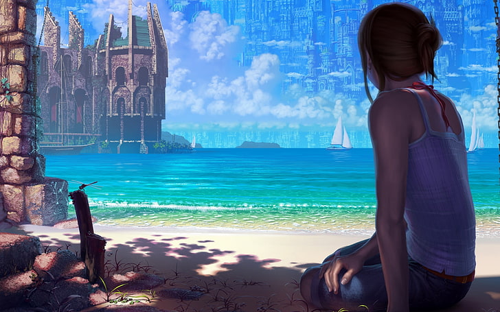 Женщина, сидящая на берегу моря, цифровые обои, компьютерная графика, город фантазий, фэнтези, HD обои