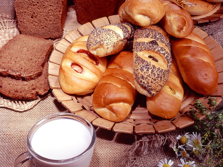 구운 빵, 빵, 양귀비 씨앗, 우유, HD 배경 화면