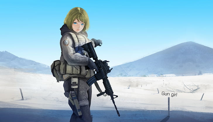 銃を持つ少女、アニメ、オリジナルキャラクター、青い目、金髪、武器、銃、雪、アニメの女の子、M4A1、 HDデスクトップの壁紙