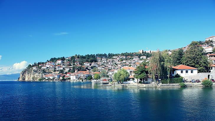 costa, Ohrid, ciudad, lago, Macedonia, paisaje urbano, Fondo de pantalla HD