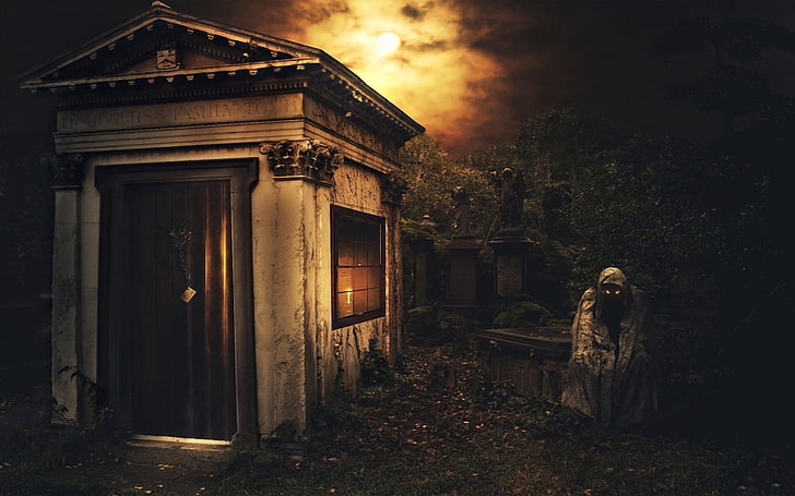 person in robe near shed digital wallpaper, night, crypt, death, cemetery, darkness, HD wallpaper