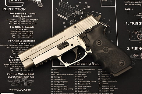 pistolet samopowtarzalny srebrny, broń, broń, schemat, detale, montaż, demontaż, Glock, sigsauer, Tapety HD HD wallpaper
