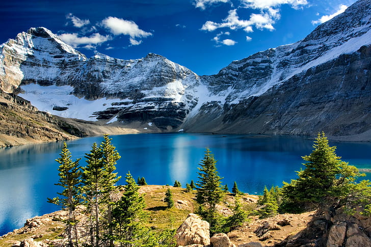 Canada, Yoho National Park, lake, sun, Canada, rocks, sky, clouds, trees, mountains, blue, lake, Yoho National Park, glacier, HD wallpaper