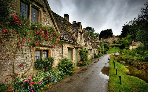 natura, casa, fiori, strada, pioggia, villaggio, Inghilterra, Sfondo HD HD wallpaper