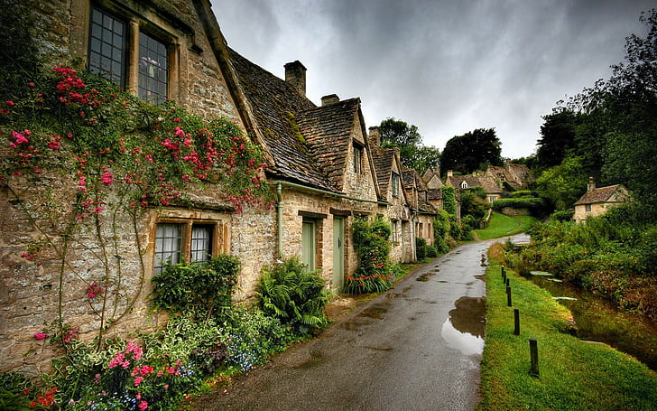 дождь, деревня, Англия, дорога, дом, цветы, природа, HD обои