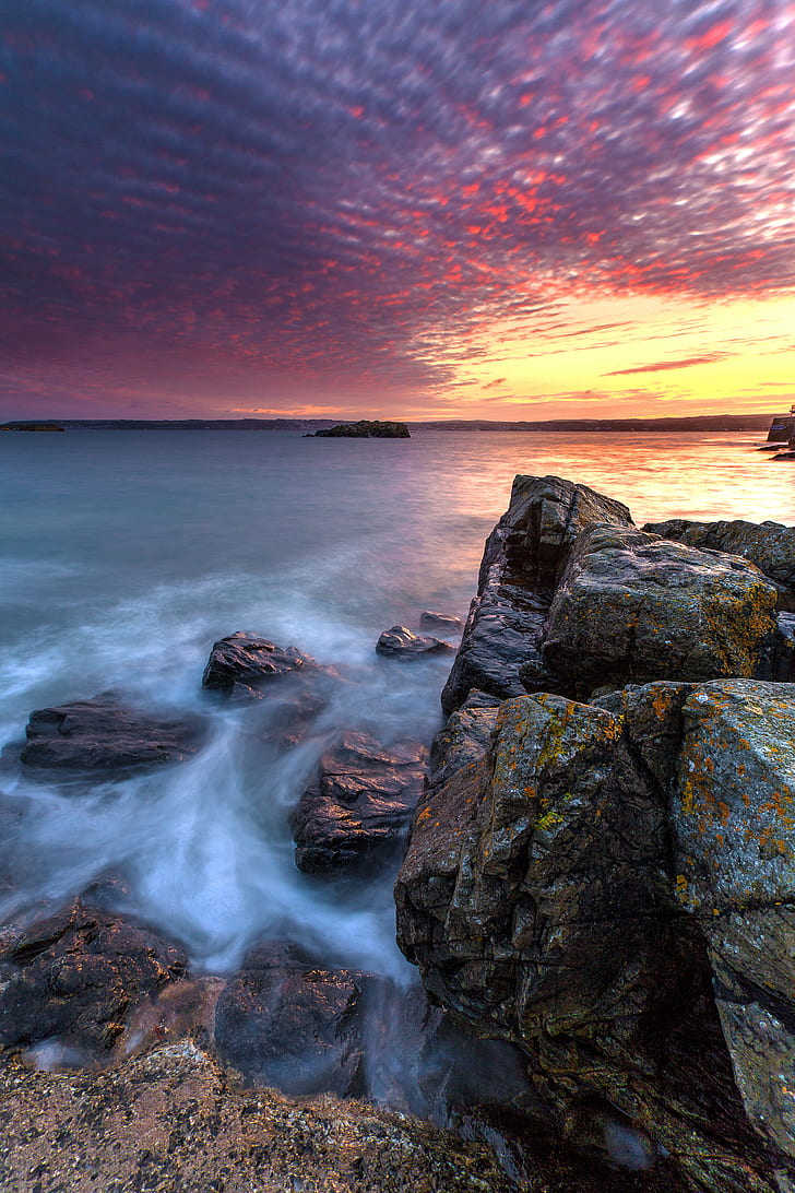 HDR photography of ocean beside rock boulders during yellow sunset, Colours, Cornwall, HDR photography, ocean, rock, boulders, yellow, sunset, Marazion, Penzance, landscape, seascape, colour, sea, sky, evening, England, nature, rock - Object, beach, coastline, dusk, wave, water, scenics, outdoors, HD wallpaper