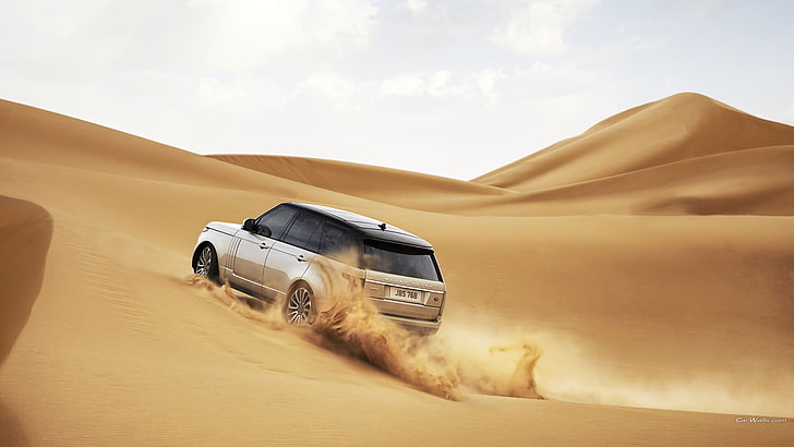 gray and black car die-cast model, Range Rover, desert, car, vehicle, HD wallpaper