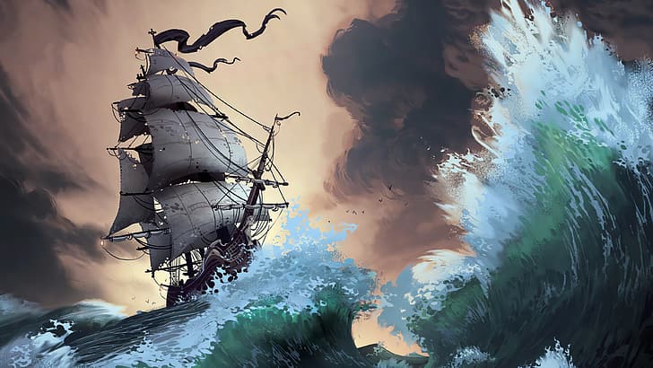 Lorenzo Lanfranconi, artwork, digital art, ship, storm, waves, Pirate ship, HD wallpaper