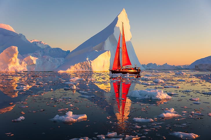 landscape, nature, reflection, the ocean, boat, sailboat, morning, ice, sails, Greenland, HD wallpaper