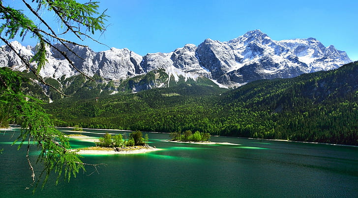 lago, montañas, bosque, naturaleza, paisaje, esmeralda, agua, pico nevado, árboles, Alemania, Fondo de pantalla HD