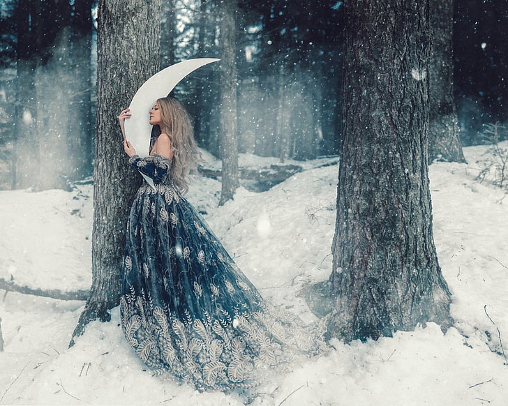Fantasy, Women, Dress, Girl, Moon, Snow, Winter, Woman, HD wallpaper