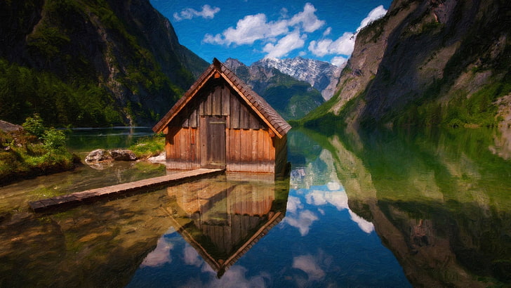 casa de madeira marrom no corpo de água, obersee lago, HD papel de parede