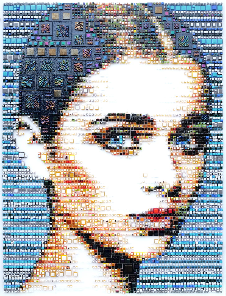 женщины, произведения искусства, Изабель Шелтьенс, мозаика, лицо, портретная экспозиция, квадрат, стекло, 3D, голубые глаза, портрет, HD обои, телефон обои