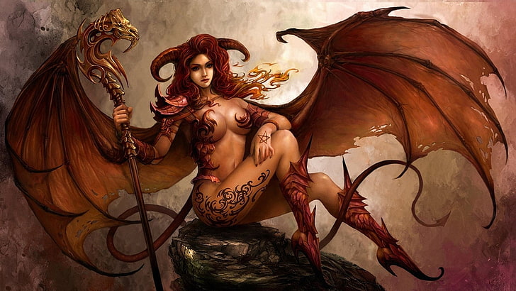 seni, iblis, gadis, tanduk, tongkat, sayap, Wallpaper HD