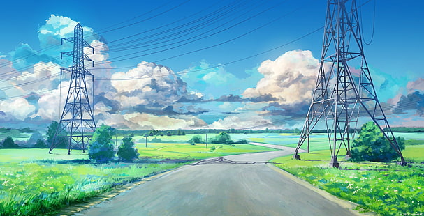 linhas de energia, nuvens, azul, verde, verão eterno, ArseniXC, anime, paisagem, estrada, poste, romance visual, obra de arte, HD papel de parede HD wallpaper