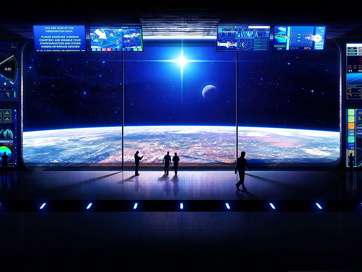 planet illustration, space, moon, people, periphery, blue, black, HD wallpaper