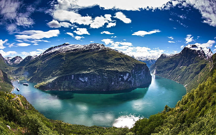 nature, landscape, lake, mountains, forest, clouds, cliff, Geiranger, Geirangerfjord, Norway, HD wallpaper