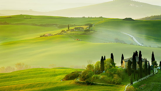 house, mist, villa, cottage, val dorcia, valdorcia, europe, italy, podere belvedere, tuscany, nature, tree, grassland, meadow, landscape, grass, rural area, morning, sky, field, pasture, hill, rolling hills, green, HD wallpaper HD wallpaper