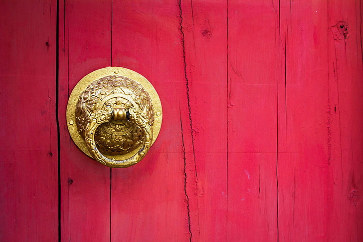 antique, architecture, asia, asian, brass, building, china, chinese, culture, decoration, design, door, dragon, entrance, gate, gold, golden, handle, knocker, lion, lock, metal, old, oriental, ornament, pink, religion, tem, HD wallpaper