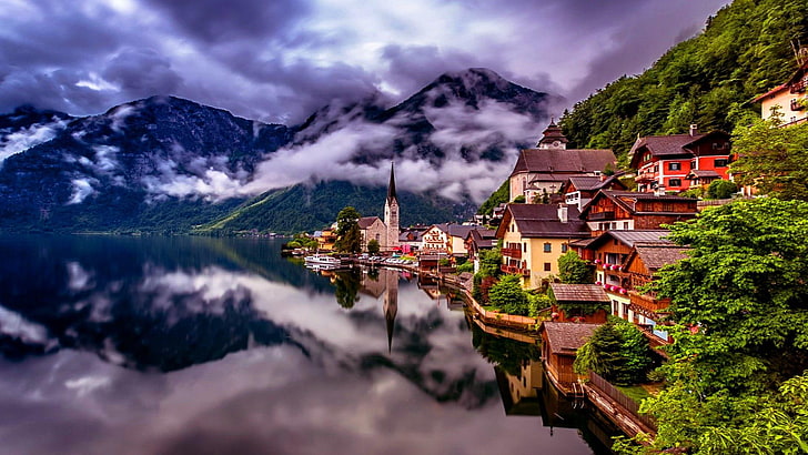 hallstatt, salzkammergut, claire, réflexion, reflétée, village, montagnes, nuages, lac, incroyable, ville, Fond d'écran HD