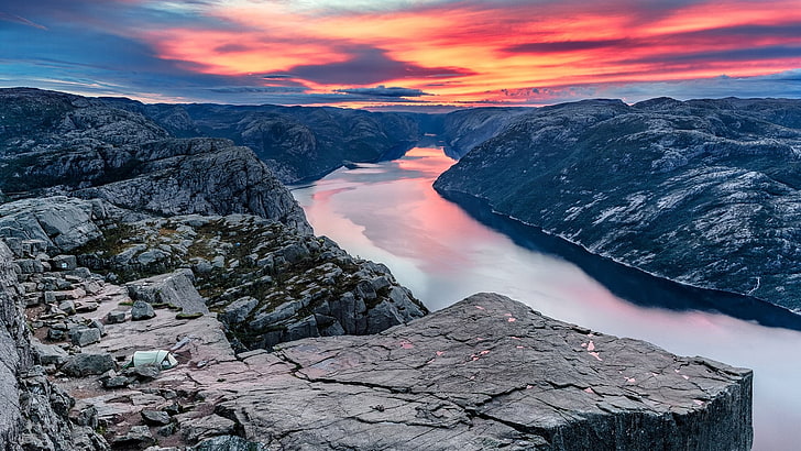 prekestolen, sky, fjord, mountain, norway, rogaland, europe, winter, pulpit rock, rock, fell, cliff, HD wallpaper