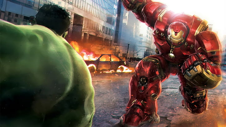 Vengadores: Age of Ultron, batalla, arte conceptual, Hulk, Iron Man, Fondo de pantalla HD