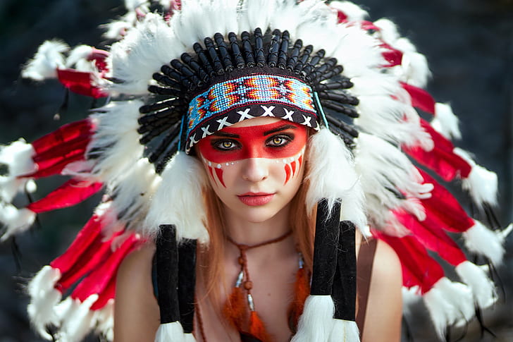Women, Native American, Face, Girl, Headdress, Lipstick, Model, Woman, HD wallpaper