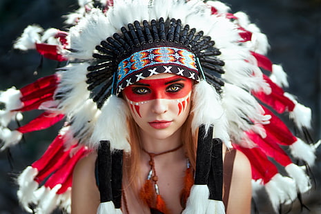  Women, Native American, Face, Girl, Headdress, Lipstick, Model, Woman, HD wallpaper HD wallpaper