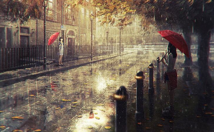 paisagem urbana, meninas anime, guarda chuva, chuva, HD papel de parede