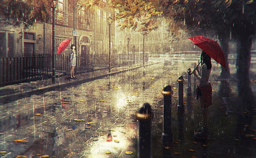 paisagem urbana, meninas anime, guarda chuva, chuva, HD papel de parede HD wallpaper