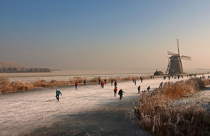 brown windmill, ice, winter, river, mill, rink, Holland, HD wallpaper