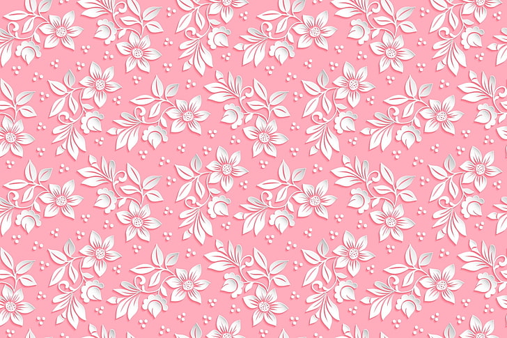 white petaled flowers wallpaper, flowers, background, pink, pattern, the volume, HD wallpaper