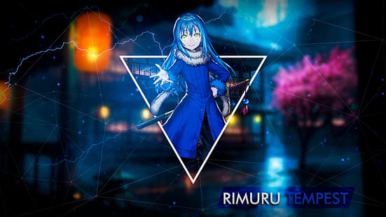 Rimuru, Tensei Shitara Slime Datta Ken, occhi gialli, capelli blu, picture-in-picture, triangolo, Sfondo HD HD wallpaper