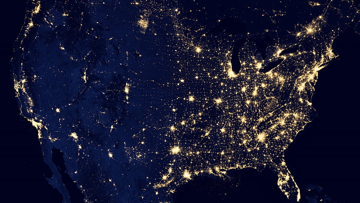 noc, ciemność, przestrzeń, nasa, obserwatorium Ziemi, zdjęcia satelitarne, ziemia, lampki nocne, światła miasta, Stany Zjednoczone, Ameryka, USA, mapa, zanieczyszczenie światłem, planeta, świat, Tapety HD