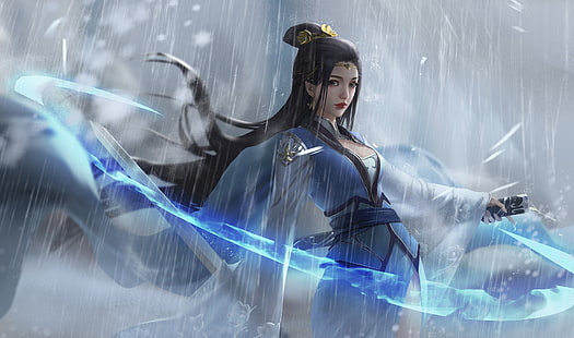  Fantasy, Women Warrior, Asian, Black Hair, Girl, Long Hair, Rain, Sword, Woman Warrior, HD wallpaper HD wallpaper