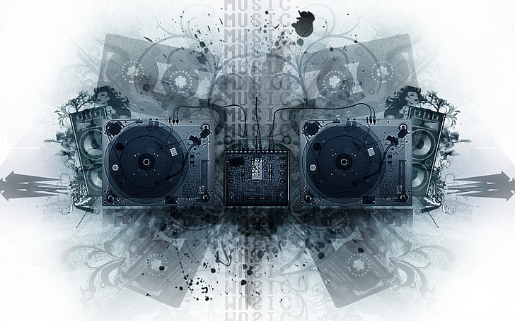 two gray DJ controllers, graphics, picture, consoles, plates, sprays, HD wallpaper