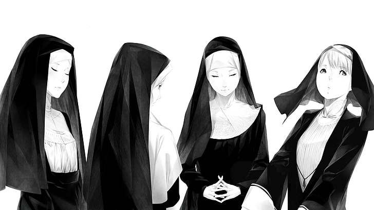 white, girls, black, art, Sawasawa, nuns, HD wallpaper