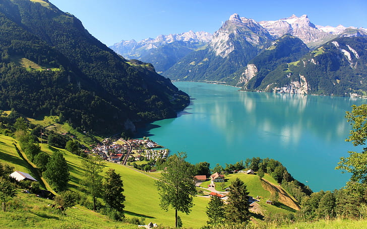 Szwajcaria Morschach krajobraz, góry, skały, śnieg, jezioro, las, dom, niebieski zbiornik wodny, Szwajcaria, Morschach, krajobraz, góry, skały, śnieg, jezioro, las, dom, Tapety HD