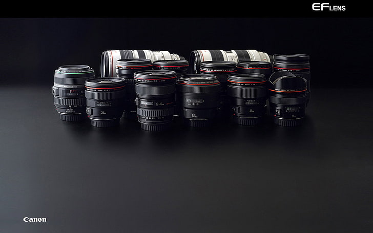 siyah DSLR zoom objektif lot, teknik, objektif, siyah, Canon, objektifler, L serisi, HD masaüstü duvar kağıdı