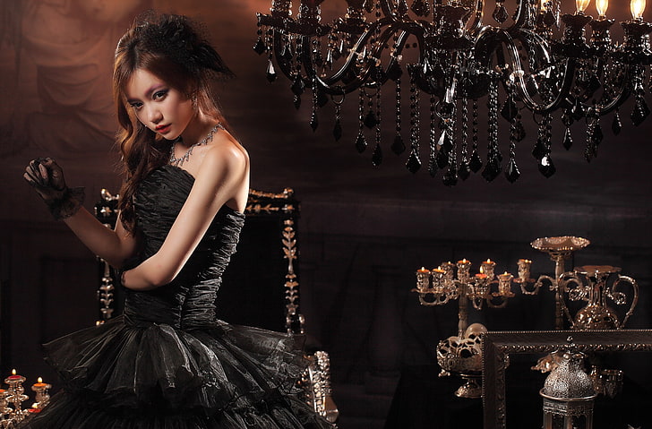 sarung tangan, asia, wanita, model, gaun hitam, gaun strapless, Wallpaper HD