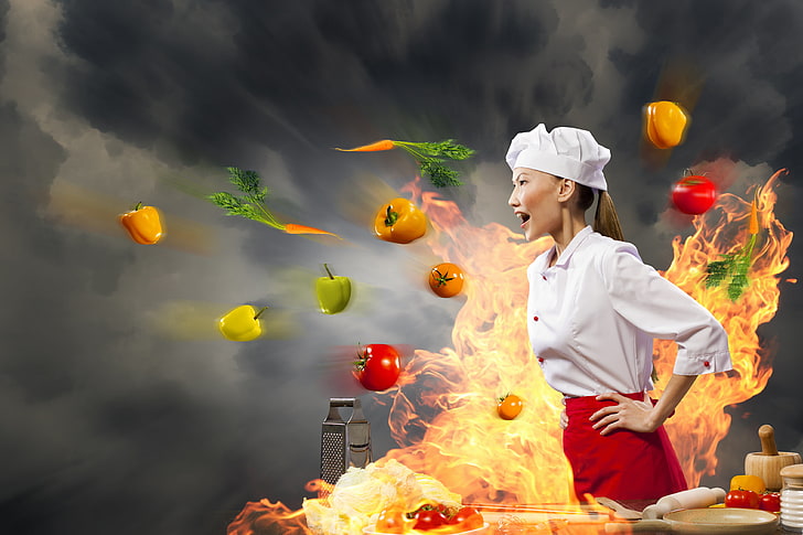 chapéu de chef branco, menina, criativa, fogo, cozinheiro, asiáticos, legumes, tomate, cenoura, pimenta, ralador, HD papel de parede
